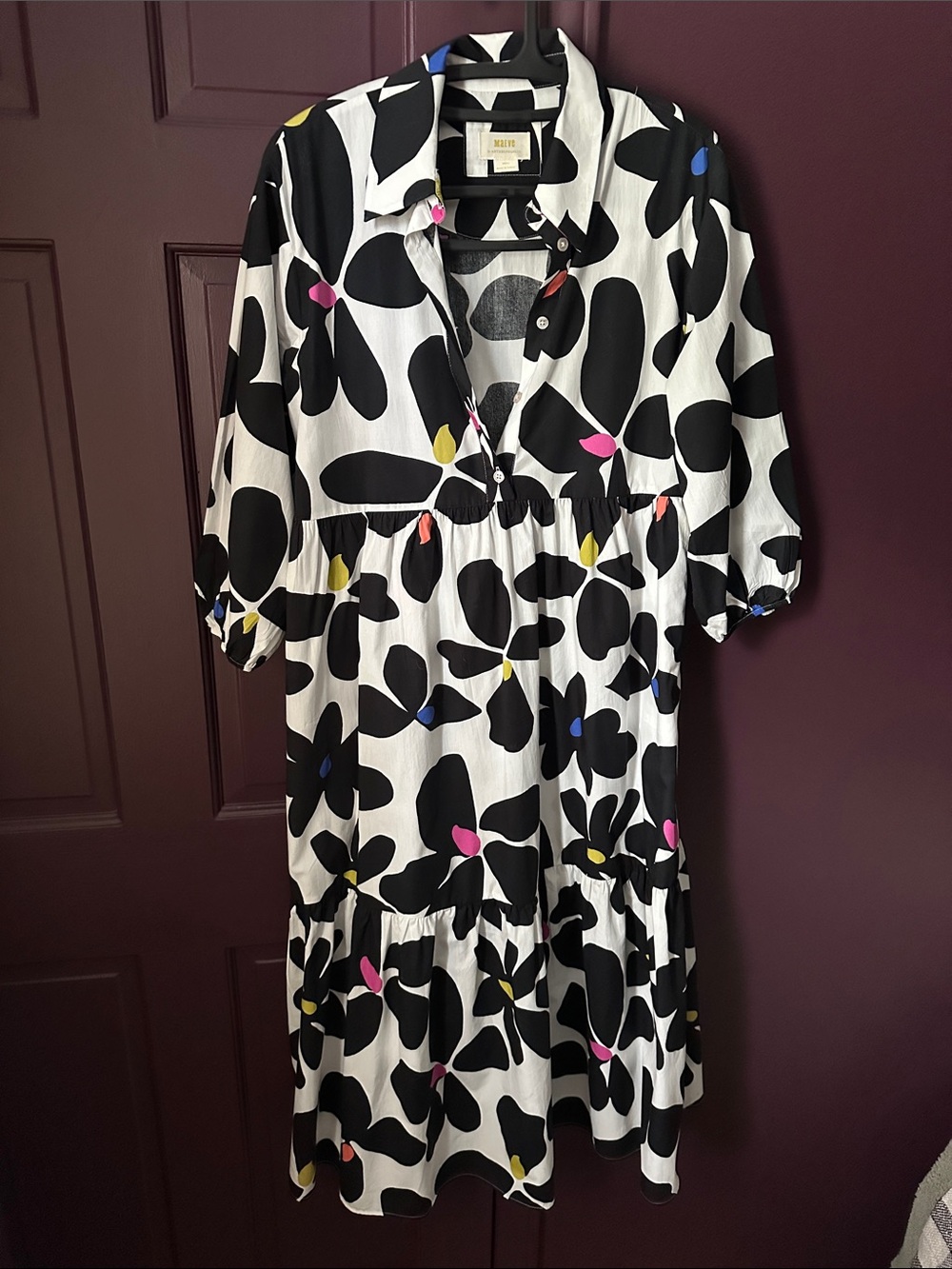 Anthropologie Black and White Floral Midi Dress with colorful Accents